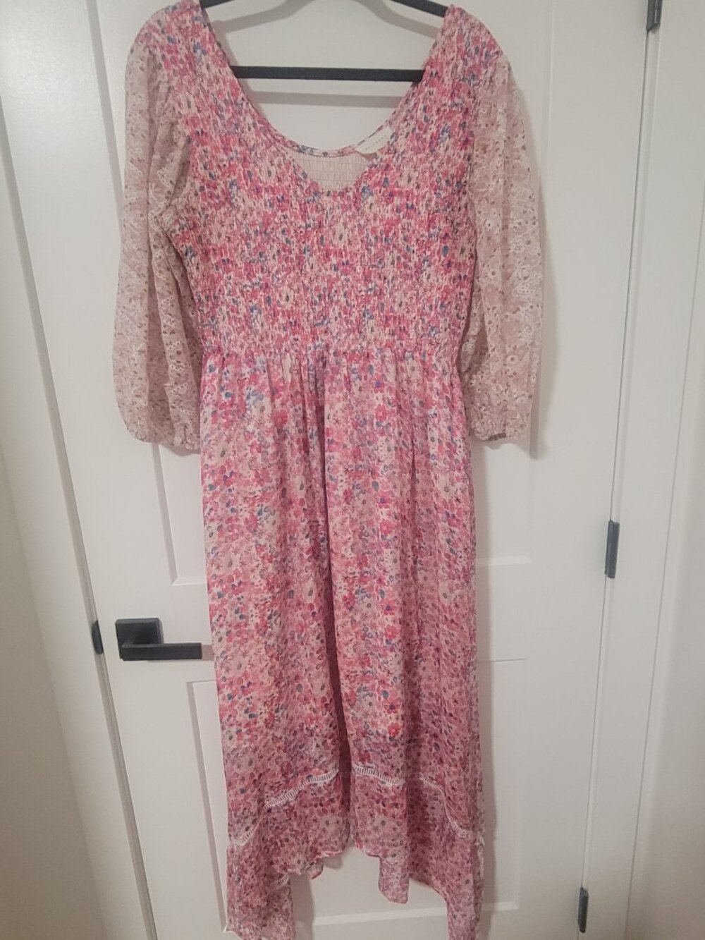 Melloday Pink Floral Smocked Top Fully Lined Maxi Dress - Size Large - Picture 2 of 8